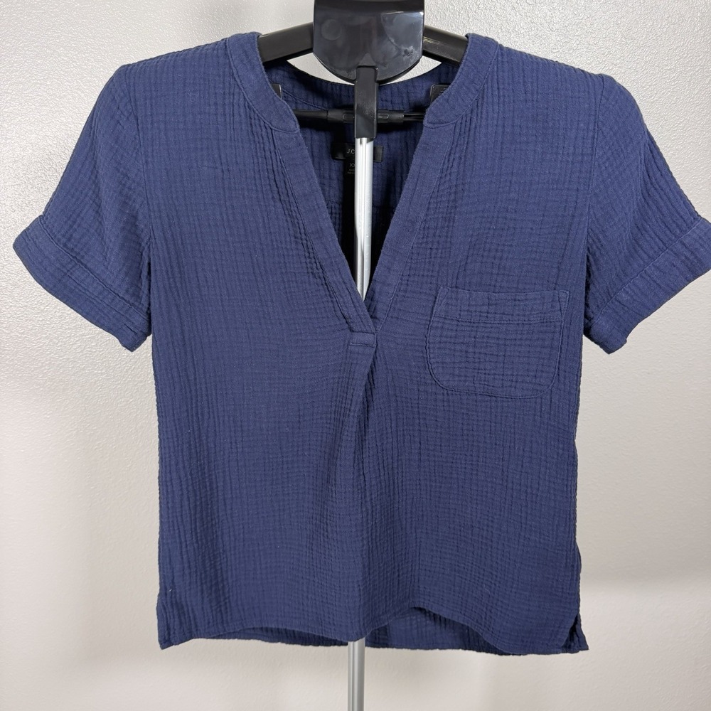 J.CREW Blouse Top Womens XXS Short Sleeve Popover V-Neck Casual Blue